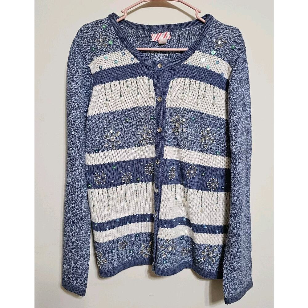 Blue & White SnowFlake Christmas Beaded Cardigan Size L (12/14)